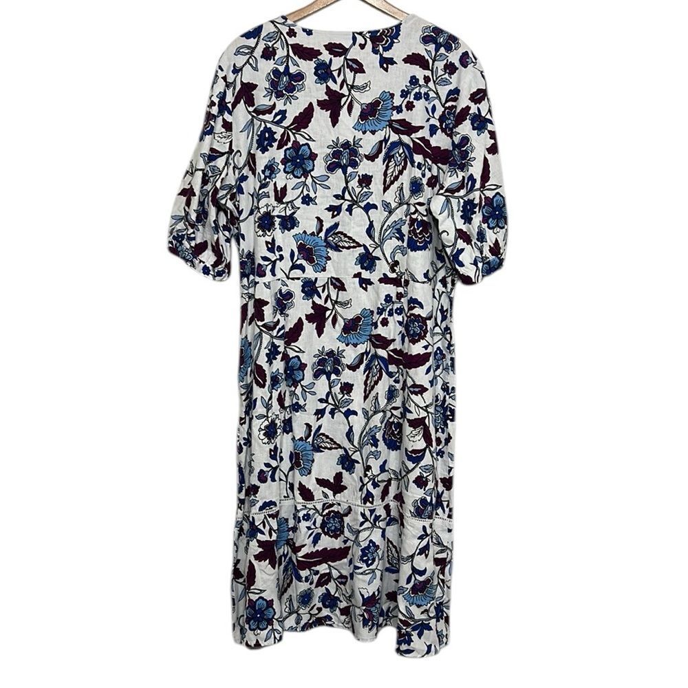 Floral Linen Dress Womens Size 18 White A-line Knee Length V-Neck Summer NEW - Picture 6 of 14